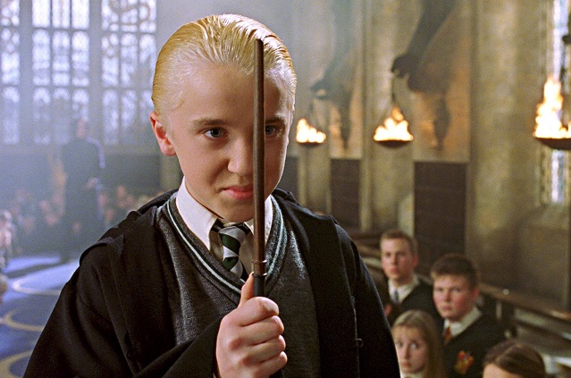 Who was hit when Malfoy cast the spell Densaugeo?