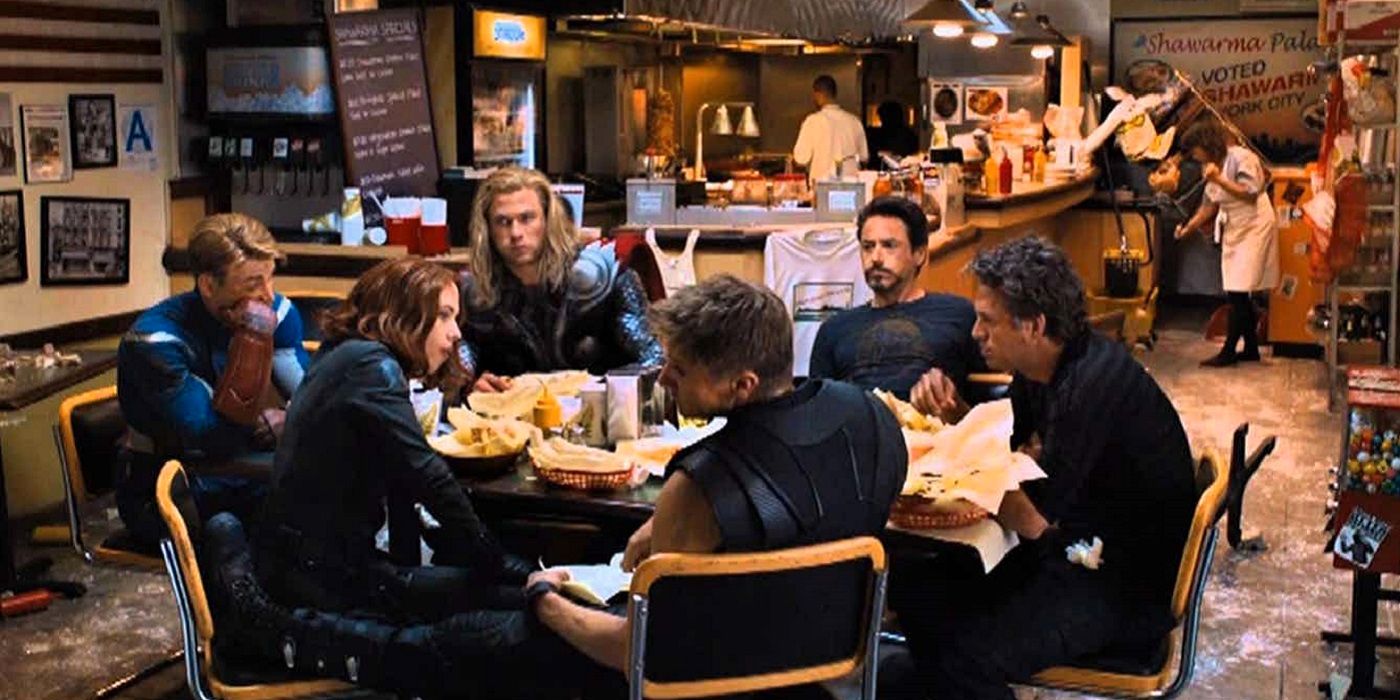 What type of food do the avengers go out to eat in the end credit scene of Avengers?